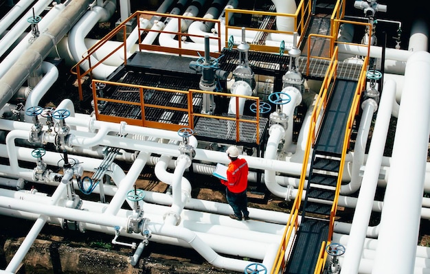 Foto ispezione del lavoratore maschio vista dall'alto alla valvola di controllo del gasdotto e del gasdotto del controllo visivo