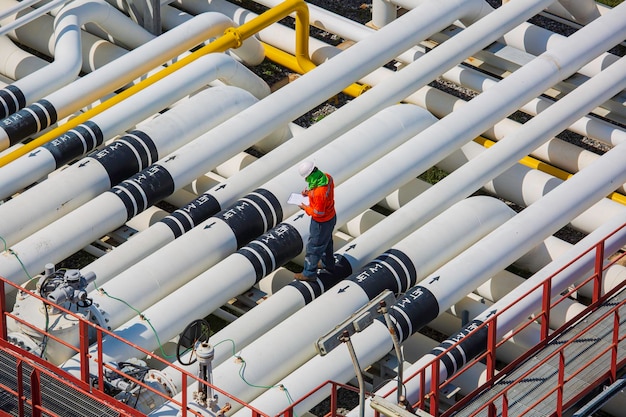 Top view male worker inspection at steel long pipes and pipe\
elbow valve in station oil factory during refinery valve of visual\
check record pipeline oil