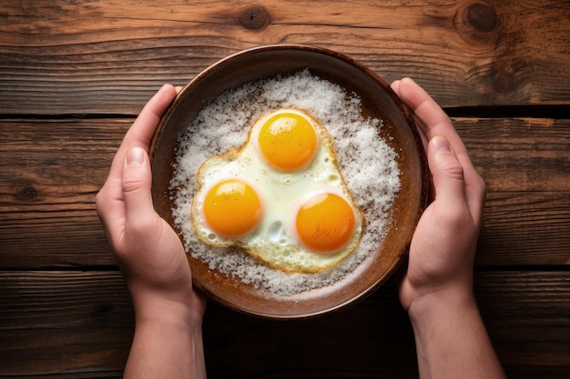 Верхний вид человека, держащего сковороду с жареными яйцами на деревянном фоне