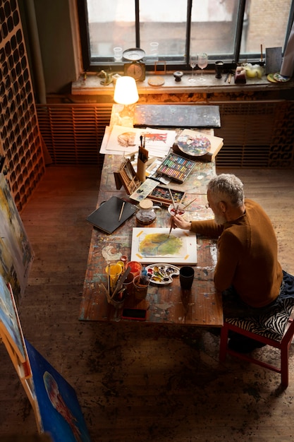 Photo top view man painting on canvas