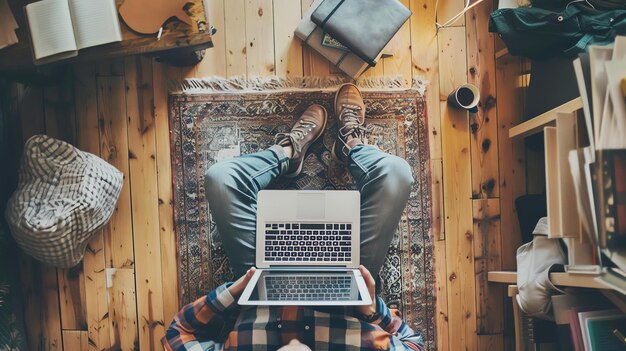 Foto vista dall'alto di un uomo seduto sul pavimento in abito casual e usando un portatile ci sono libri un quaderno e altre forniture sparse intorno a lui