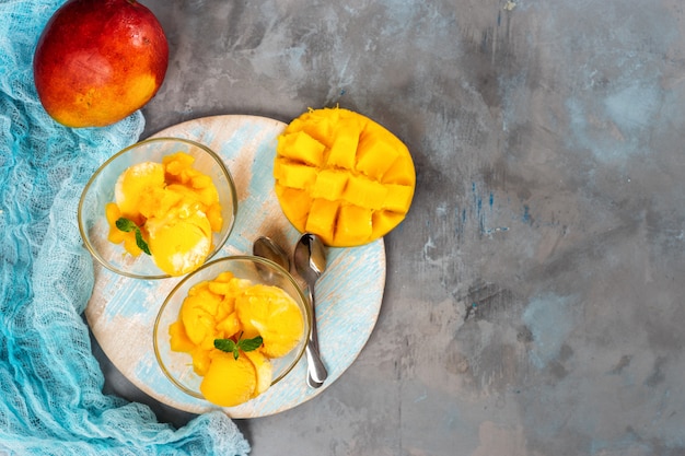 Top view of mango sorbet in cup