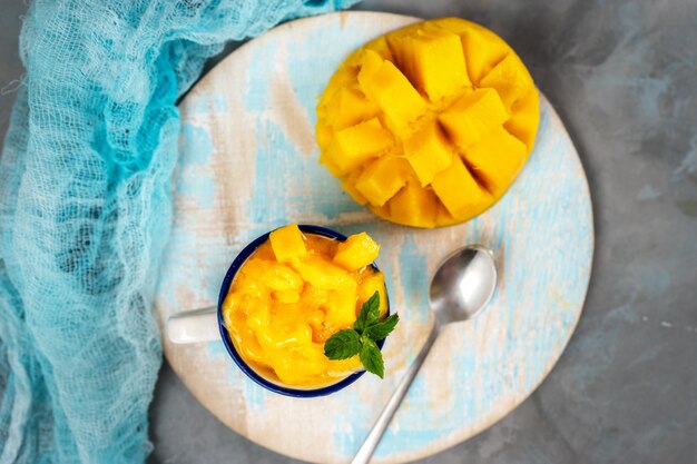 Top view of mango sorbet in cup