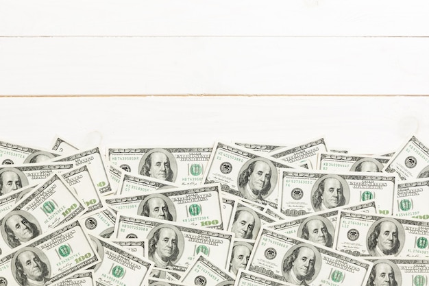 Top view of many dollar bills background