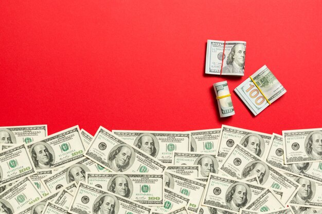 Photo top view of many dollar bills background