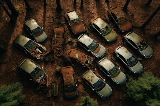 뷰 많은 EV 차는 숲에 버려졌습니다.