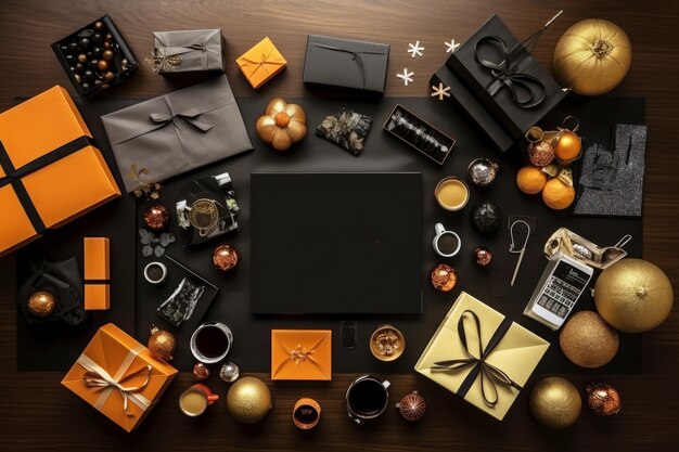 Top view of many gift boxes and decorations on the black background cyber monday black friday