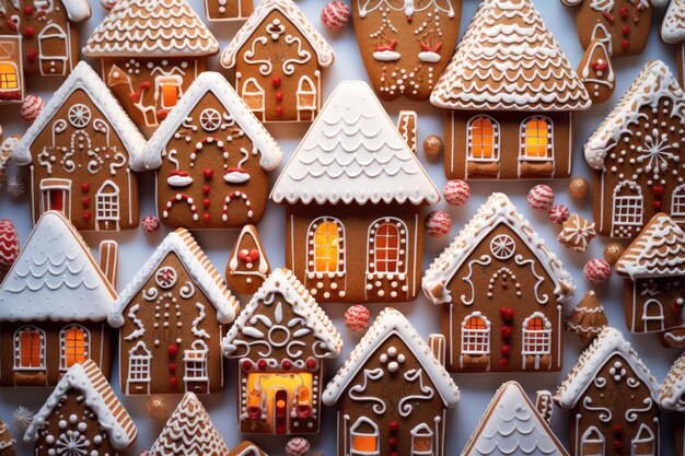 Photo top view of many gingerbread house christmas cookies baking generative ai