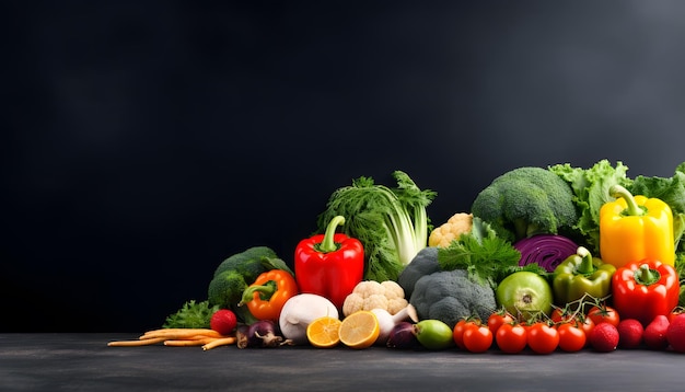 Top view many kind of vegetables on table Banner design copy space background