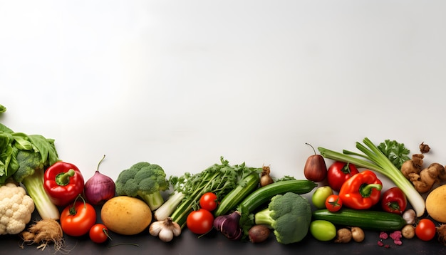 Top view many kind of vegetables on table Banner design copy space background