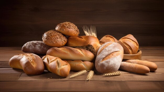 Top view of many kinds of bread on wood background