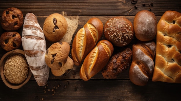 Top view of many kinds of bread on wood background