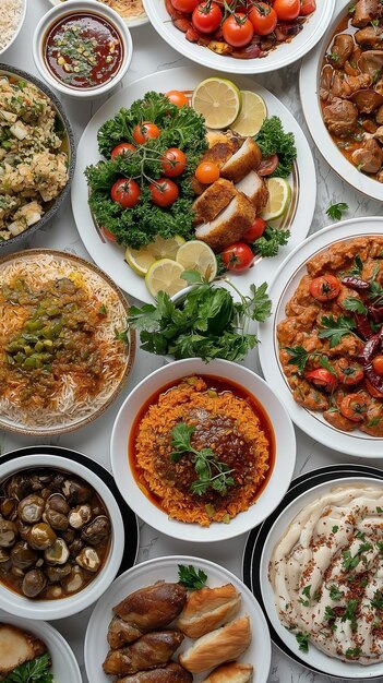 Photo top view of many plates on dinner dishes from different dishes covered in sauce on white background