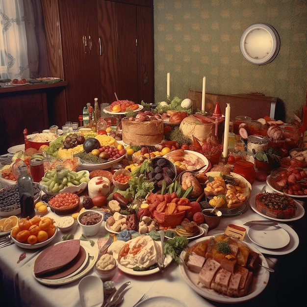 Top view of many plates with food