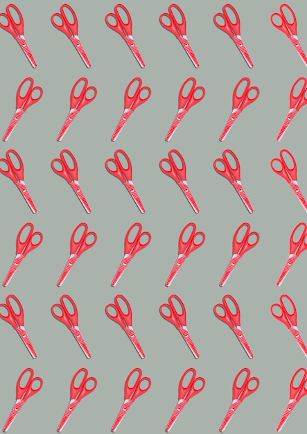 The top view of a many red colored plastic scissors on gray background