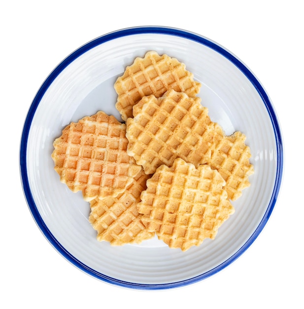 Top vista molti waffle su piatto isolato su sfondo bianco con percorso di ritaglio
