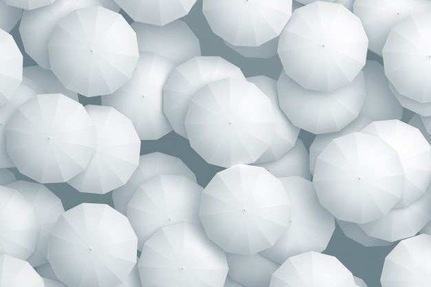 Top view of many white umbrellas. 