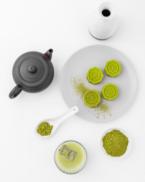 Top view matcha tea concept on the table