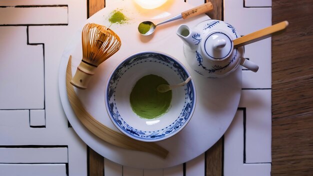 Top view of matcha tea preparation