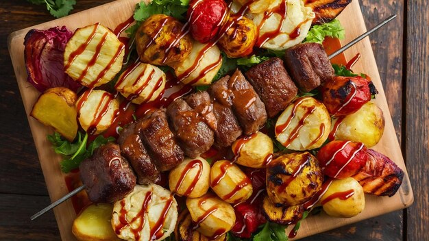 Top view meat kebab with potatoes and grilled vegetables with sauce on the board