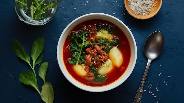 Top view meat sauce soup with greens and potatoes on the dark desk