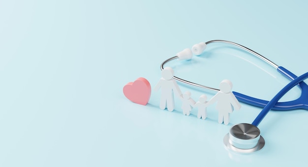 Top view of medical stethoscope and icon family with heart symbol on cyan background Health care insurance concept 3d rendering