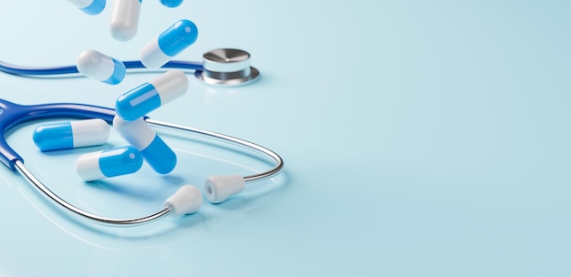 Top view of medical stethoscope and pill capsule falling on light blue background Health care insurance concept 3d rendering