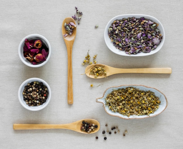 Top view of medicinal spices and herbs