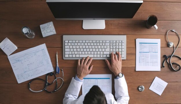 top view of Medicine doctor hand working with modern computer and blank screen