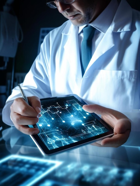 Foto visualizzare in alto medicina medico che utilizza tablet computer digitale diagnosticare cartella medica elettronica virtuale di