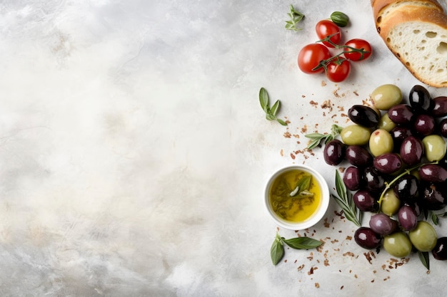 Photo top view of mediterranean food ingredients neatly arranged on a pristine white background