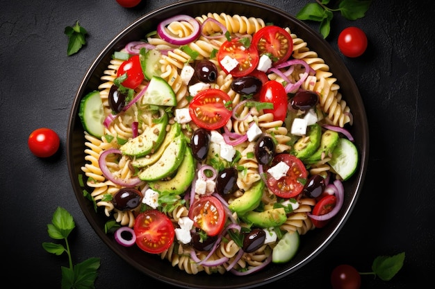 Top view of a Mediterranean pasta salad with tomato avocado black olives red onions feta cheese
