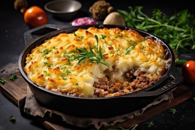 Photo top view of a minced meat mashed potato and vegetable casserole cooked in a cast iron pan known as s