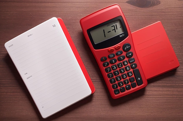 Top view mini calculator next to red notebook