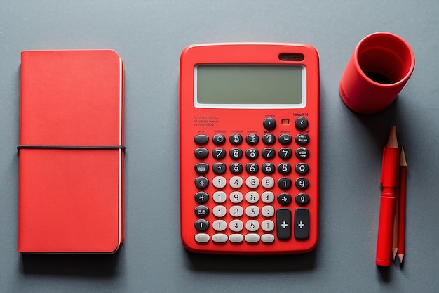 Top view mini calculator next to red notebook