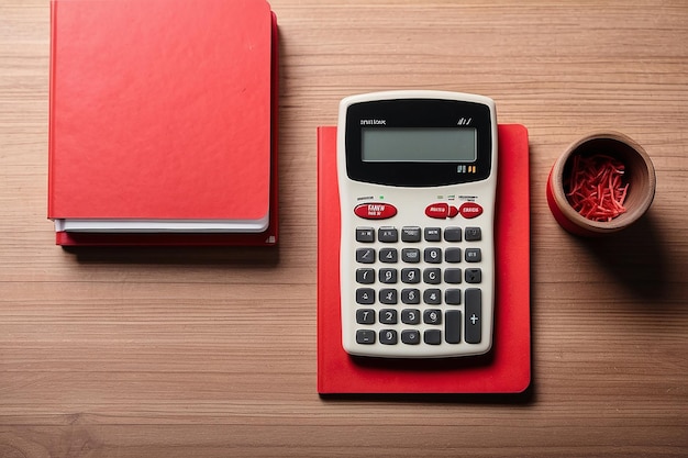 Top view mini calculator next to red notebook