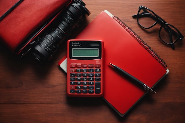 Top view mini calculator next to red notebook