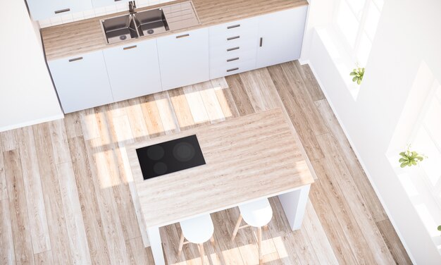 Photo top view of minimal kitchen with cooking island