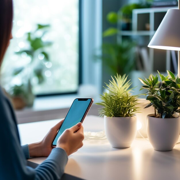 Photo top view of minimal workspace with blank screen smartphone laptop on white color desk