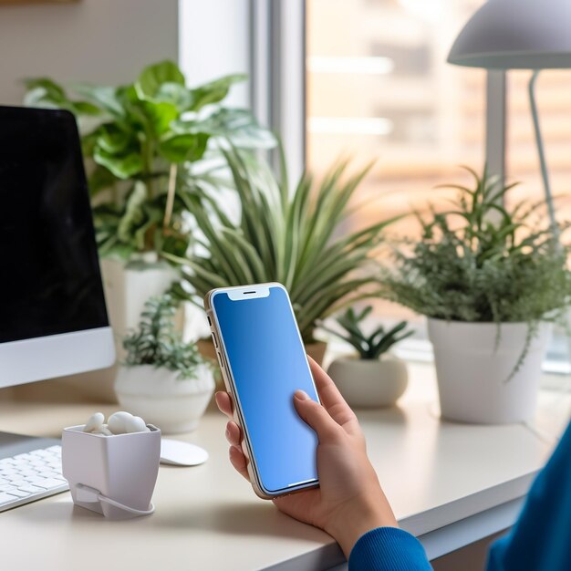 Top view of minimal workspace with blank screen smartphone laptop on white color desk