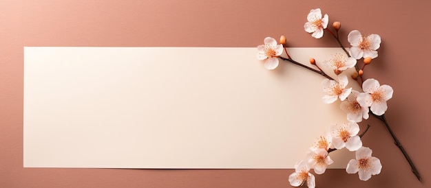 Top view of a minimalistic empty canvas paper or card with space for text and a flower twig featuring