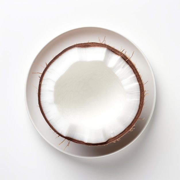 Photo top view minimalistic of an isolated coconut halfon a plate