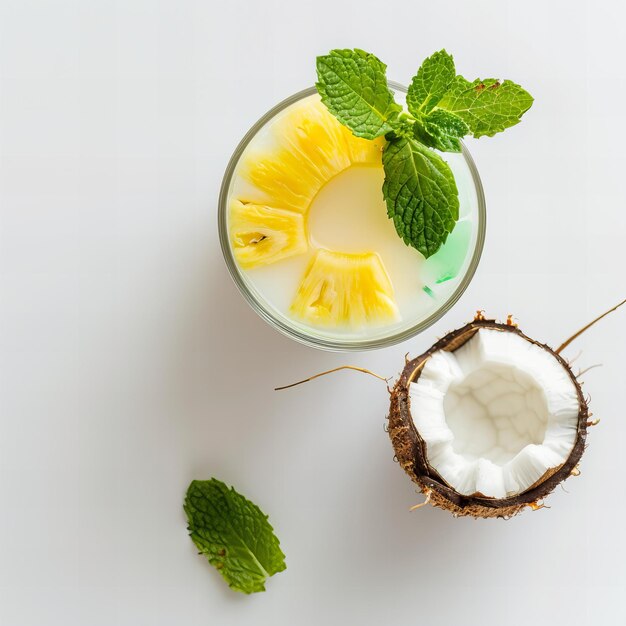 Photo top view minimalistic of an isolated coconut pineapple mint water