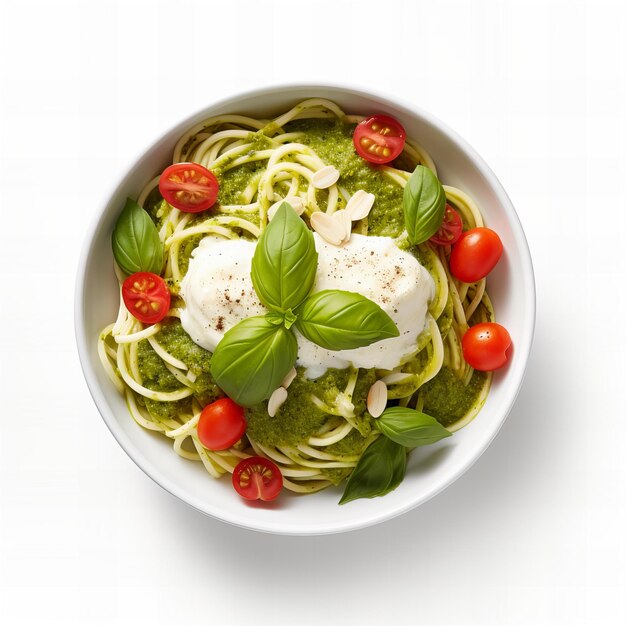 Photo top view minimalistic of an isolated margherita pesto zoodle bowl