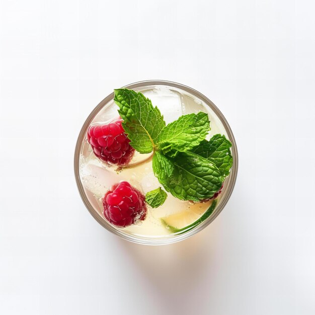 Top view minimalistic of an isolated Mojito with Raspberry and Mint