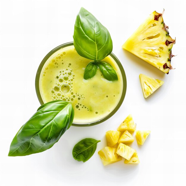 Top view minimalistic of an isolated Pineapple Basil Smoothie