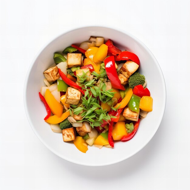 Photo top view minimalistic of an isolated tofu and vegetable stir fry