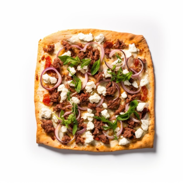 Top view minimalistic of a mediterranean lamb and feta pizza in a sleek and modern pizza box