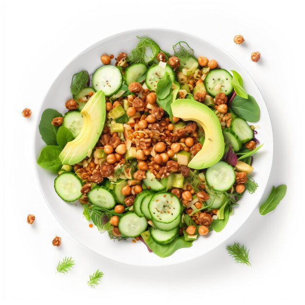 Top View mix salad with avocado chickpeas