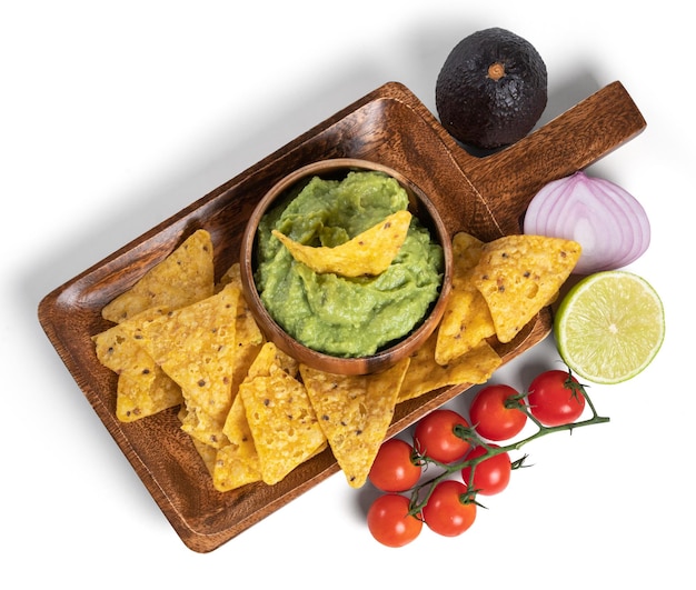 Photo top view mockup of a bowl with guacamole and nachos